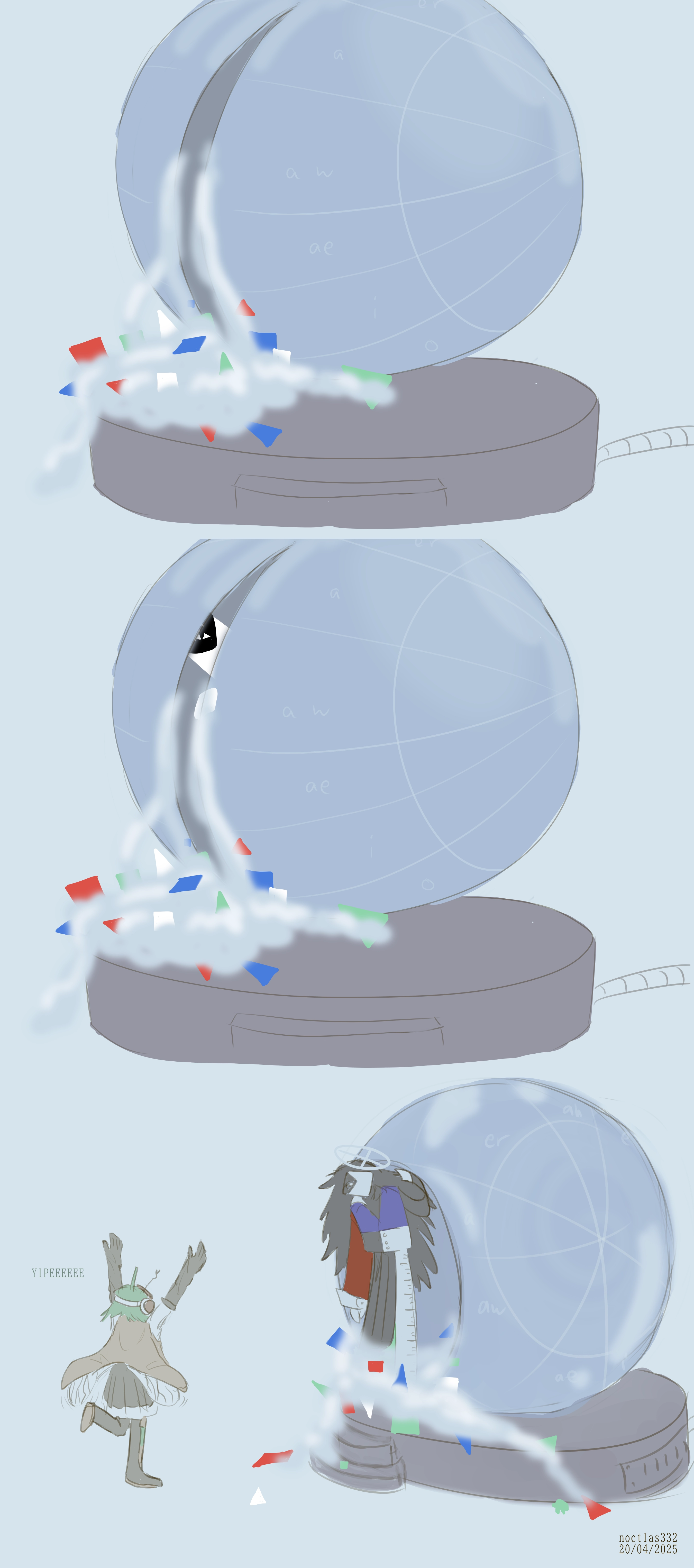 last 3 panels of the comic. in the first panel the orb opens up slightly, and fog and colourful shapes pour out. in the second panel, eucs face can be seen peeking through the gap in the orb. in the third panel, euc steps out of the orb, and fl chan dances in joy and shouts 'YIPEEEEEE'